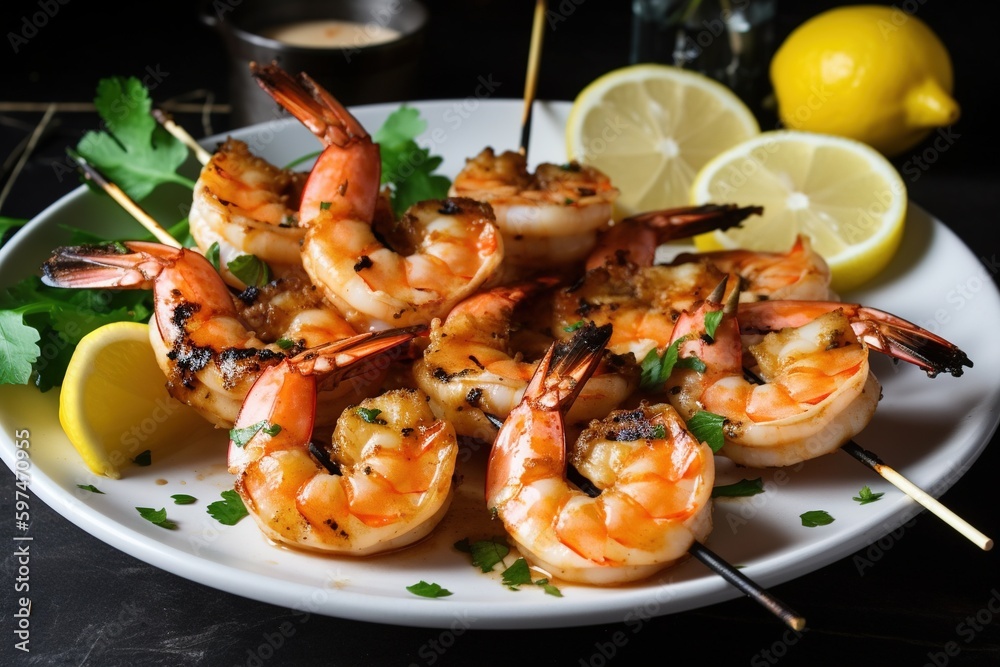 grilled shrimp on a plate. Generative AI. grilled shrimp on a plate. Generative AI.
