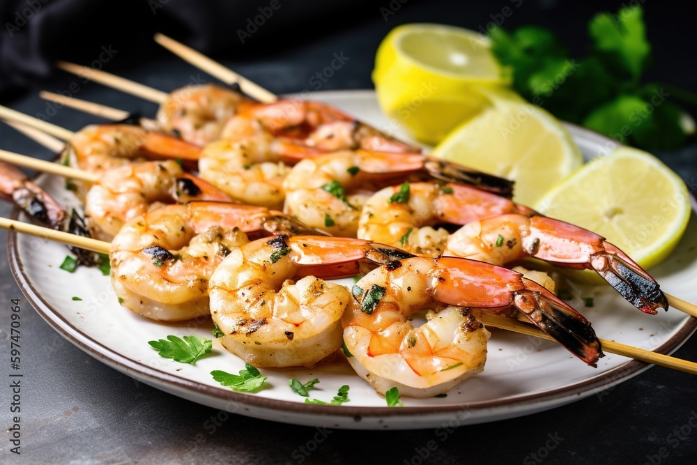 grilled shrimp on a plate. Generative AI.