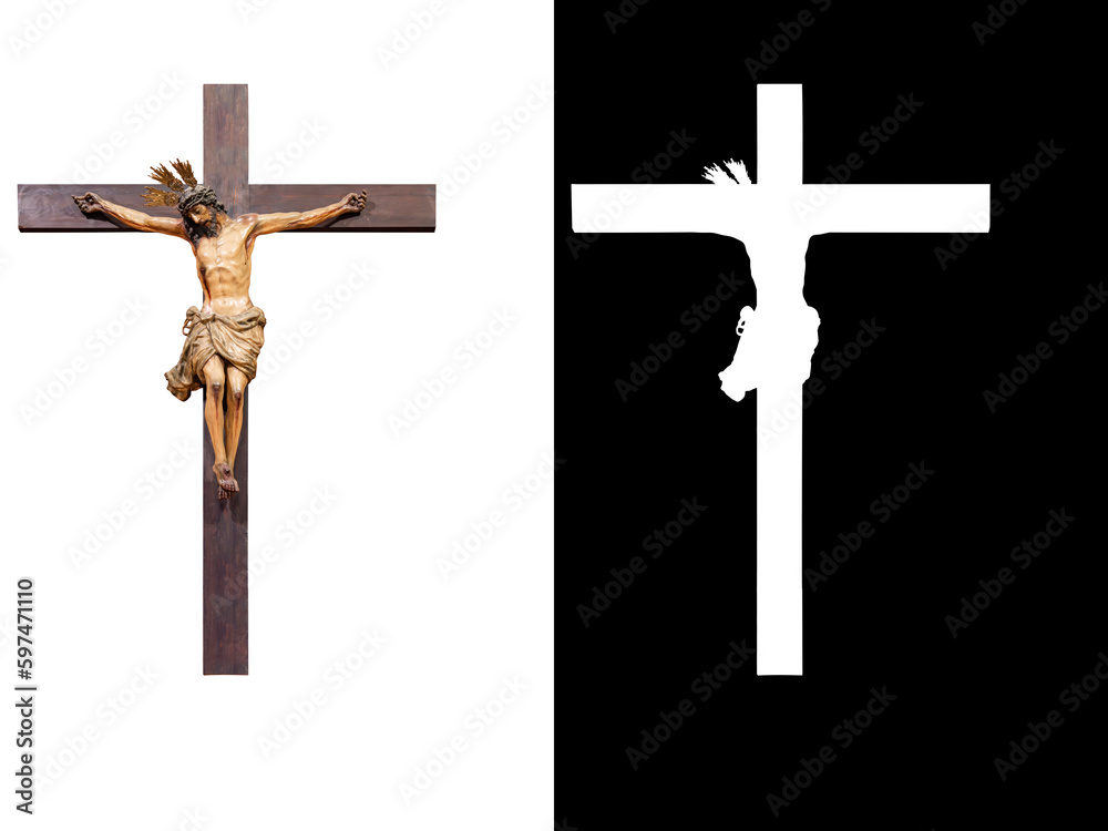 Jesus Christ on the cross isolated on white background with space for ...