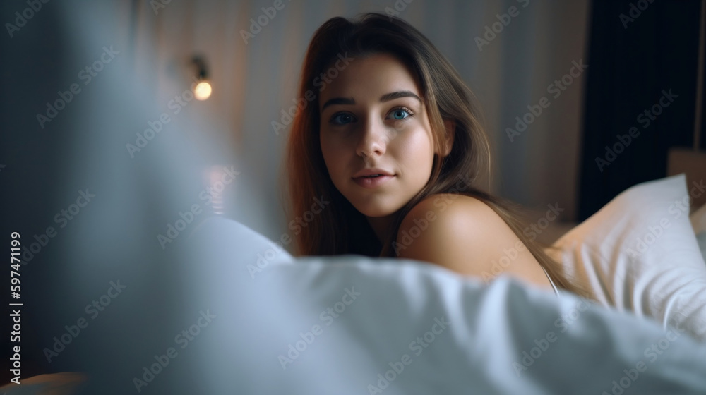 Attractive young woman on bed - AI Photography - obrazy, fototapety, plakaty 