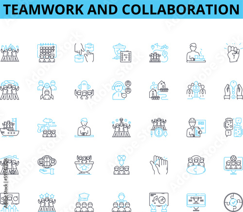 Teamwork and collaboration linear icons set. Synergy, Alliance, Cohesion, Unity, Partnership, Cohort, Connection line vector and concept signs. Fellowship,Harmony,Cohorts outline illustrations