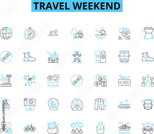 Travel weekend linear icons set. Escapade, Journey, Getaway, Excursion, Expedition, Trek, Adventure line vector and concept signs. Roam,Tour,Explore outline illustrations