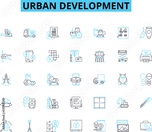 Urban development linear icons set. Gentrification, Redevelopment, Density, Infrastructure, Zoning, Sprawl, Revitalization line vector and concept signs. Sustainability,Commuting,Neighborhoods outline