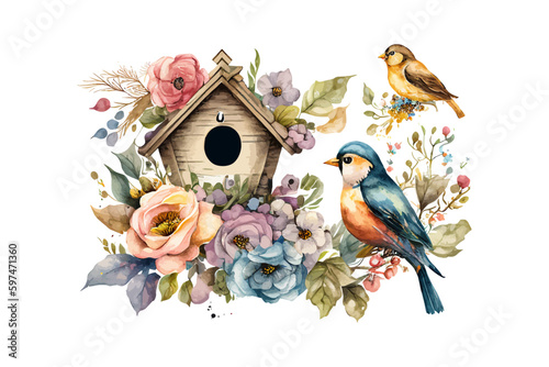 Bird house with flowers and birds
watercolor Fototapeta