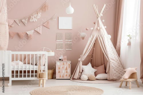 Pink colored baby nursery with cradle and play tent in scandinavian style. Baby girl bedroom. AI generated