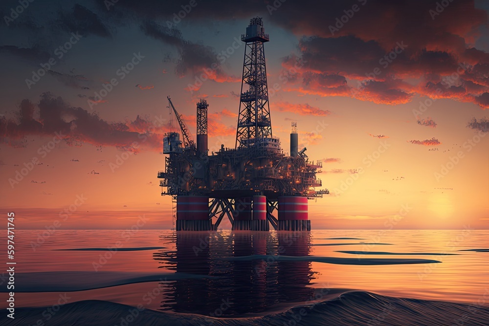 Industrial oil rig on calm ocean at sunset. generative ai