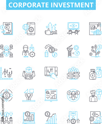 Corporate investment vector line icons set. Corporate, Investment, Funds, Equity, Business, Portfolio, Mergers illustration outline concept symbols and signs