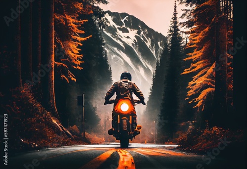 man riding a motorcycle on a road surrounded by trees and mountains in the background with a white sky and orange light coming from the back of the motorcycle's headlight's. generative ai © andrenascimento