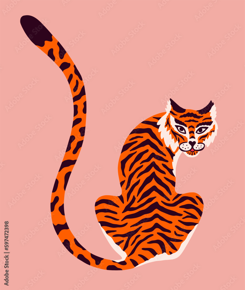 Vector poster with abstract tiger. Trendy illustration. Cartoon hand drawn for t shirt print, logo, poster template, tattoo idea. Endangered animal.