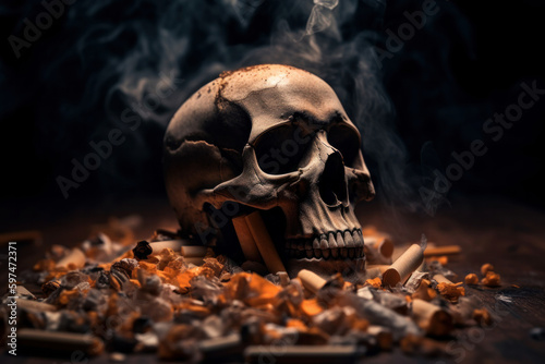 A visually stunning portrayal of a human skull surrounded by smoke and cigarettes, warning of the hazardous chemicals and toxins in tobacco, captured by AI Generative for health promotion.