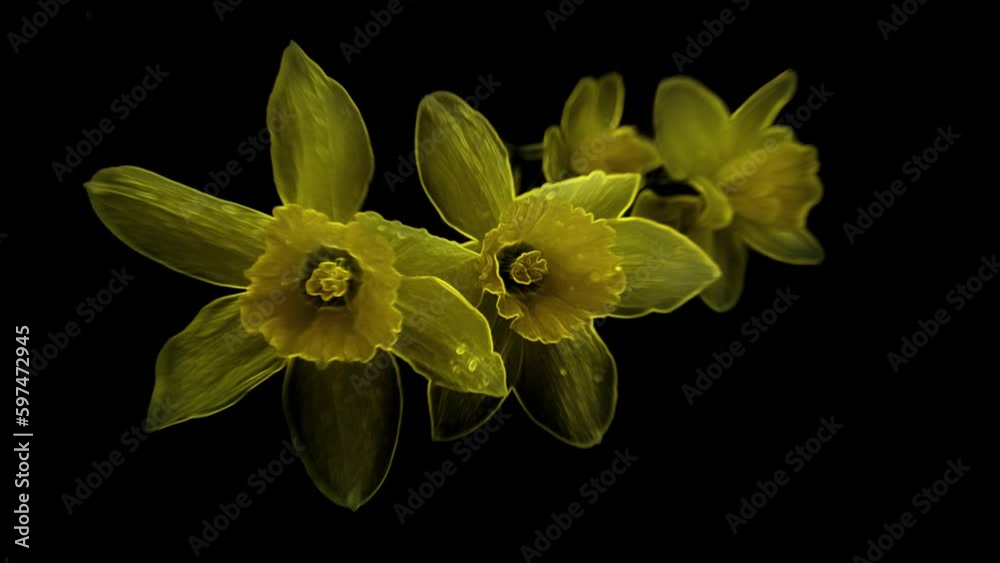 On a dark background, yellow transparent narcissus flowers sway. On a dark background, yellow transparent narcissus flowers sway.