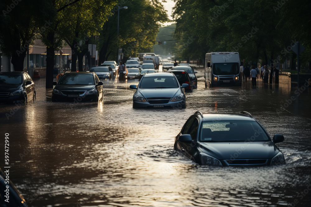 Cars submerged in flood water. Generative ai - obrazy, fototapety, plakaty 