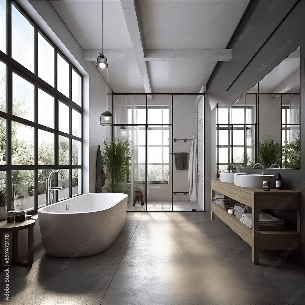 Generative ai illustration of artist loft with a magnificient bathroom. Generative ai illustration of artist loft with a magnificient bathroom.