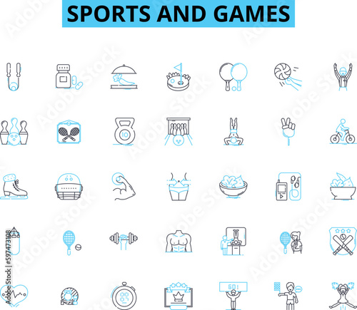 Sports and games linear icons set. Football, Basketball, Tennis, Hockey, Rugby, Soccer, Baseball line vector and concept signs. Volleyball,Golf,Swimming outline illustrations