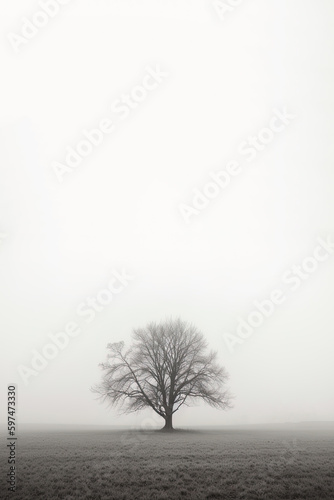 a lone tree stands alone in a foggy field with copy space for text