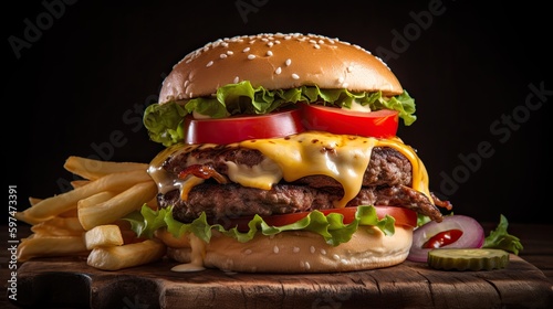 Beef hamburger and crispy french fries melted cheese,fresh lettuce, ripe tomatoes , Generative AI	
