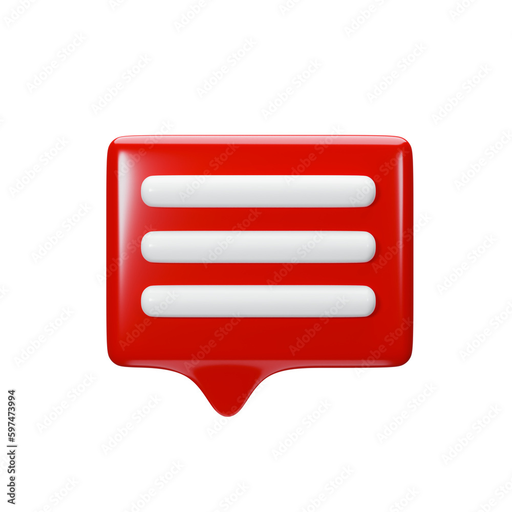 3D image of a speech bubble. Red message icon on a white background. 3D image of a speech bubble. Red message icon on a white background.