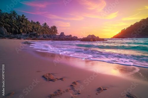 Beautiful colorful sunset on a palm beach. Sand and ocean. Magical pink sunset. Romantic. Made with Generative Ai
