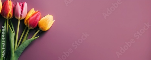Beautiful composition, bouquet of colorful tulips flowers on violet background. Valentine's Day, Easter, Birthday, Happy Women's Day, Mother's Day. Flat lay, top view, copy space