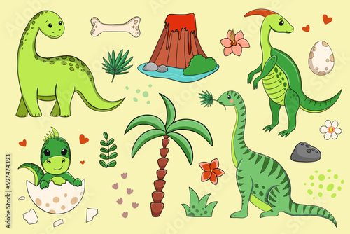 jurassic animals retro cartoon dinosaur or dino vector set