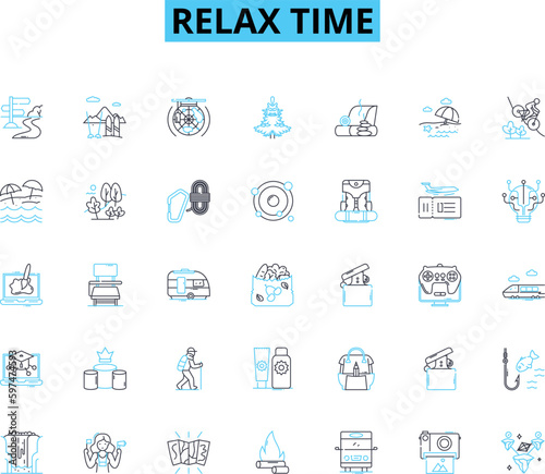 Relax time linear icons set. Serenity, Tranquility, Calmness, Bliss, Peacefulness, Repose, Chillaxing line vector and concept signs. Comfort,Leisure,Composure outline illustrations