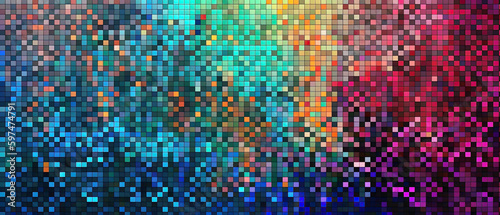 Abstract colorful pixelated background. Square tile background. 21:9 aspect ratio. Generative AI photo