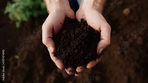 Top view of soil in hands or check the quality