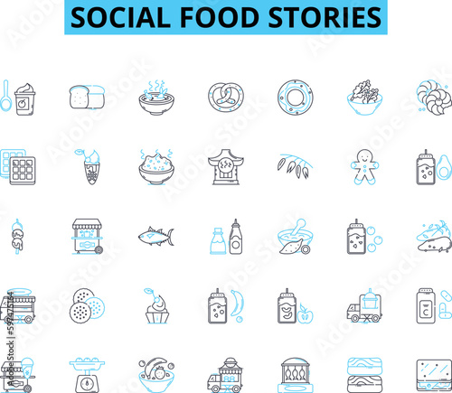 Social food stories linear icons set. Foodies, Culinary, Recipes, Ingredients, Cooking, Blogging, Sharing line vector and concept signs. Community,Eatery,Reviews outline illustrations