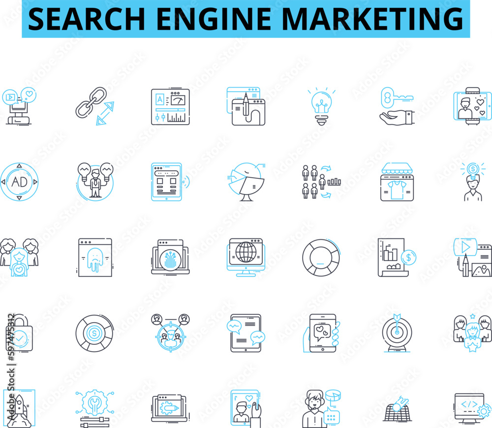 Search engine marketing linear icons set. AdWords, Algorithm, Bid, Campaign, Click-through rate, Conversion, Cost-per-click line vector and concept signs. CTR,Google,Keyword outline illustrations