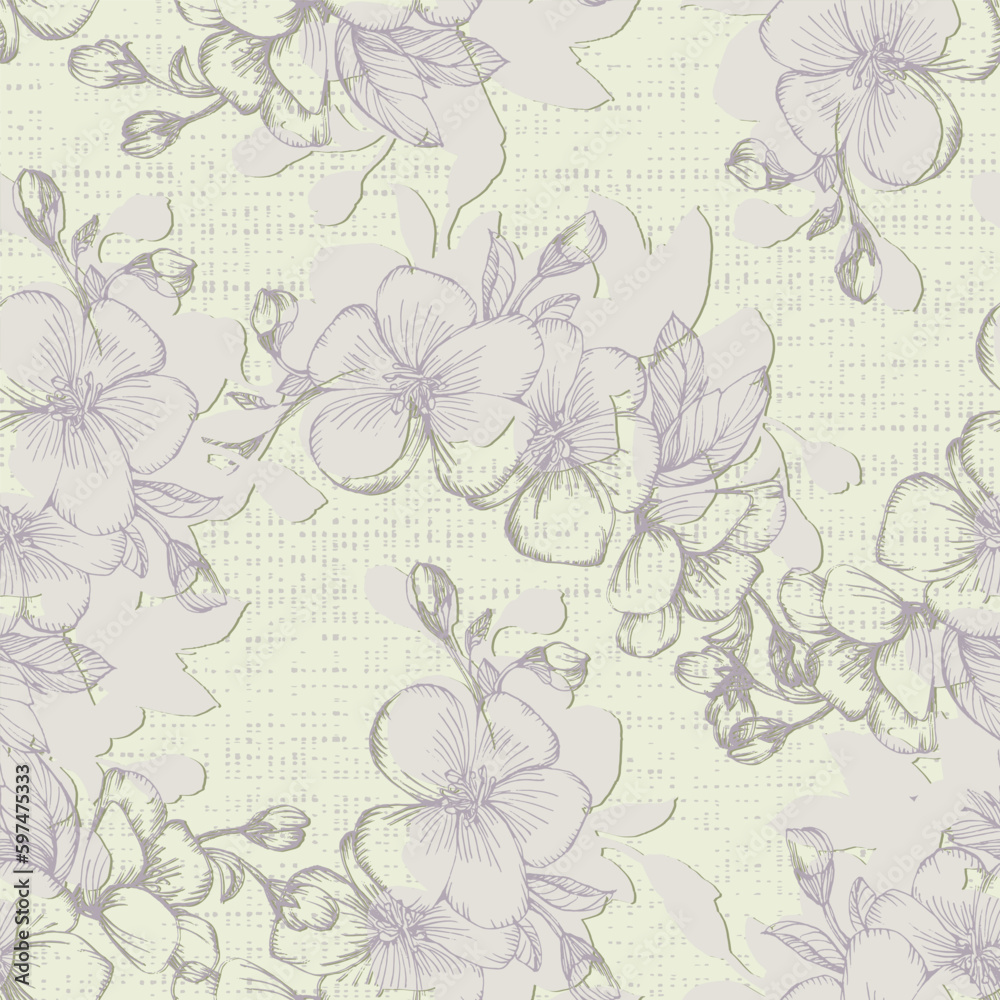 Seamless pattern with cherry tree blossom. Vintage hand drawn vector illustration in sketch style. Pink cherry flowers textile print, spring tree blossom fabric, rosy simple flowers.