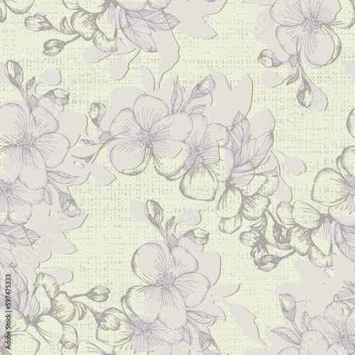 Seamless pattern with cherry tree blossom. Vintage hand drawn vector illustration in sketch style. Pink cherry flowers textile print  spring tree blossom fabric  rosy simple flowers.