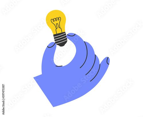 Hand drawn cartoon illustration of hand holding glowing light bulb, incandescent lamp. Flat vector good idea or answer in doodle style. Decision in the human hands sticker, icon or print. Isolated.