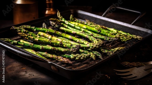 Grilled asparagus on a pan, generative ai