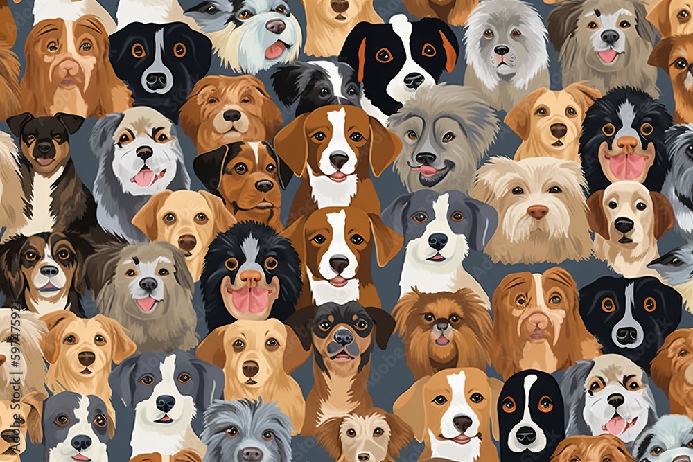 An enchanting seamless pattern celebrating the playful and lovable nature of dogs through a collection of whimsical dog faces. seamless background with dogs, Generative AI An enchanting seamless pattern celebrating the playful and lovable nature of dogs through a collection of whimsical dog faces. seamless background with dogs, Generative AI