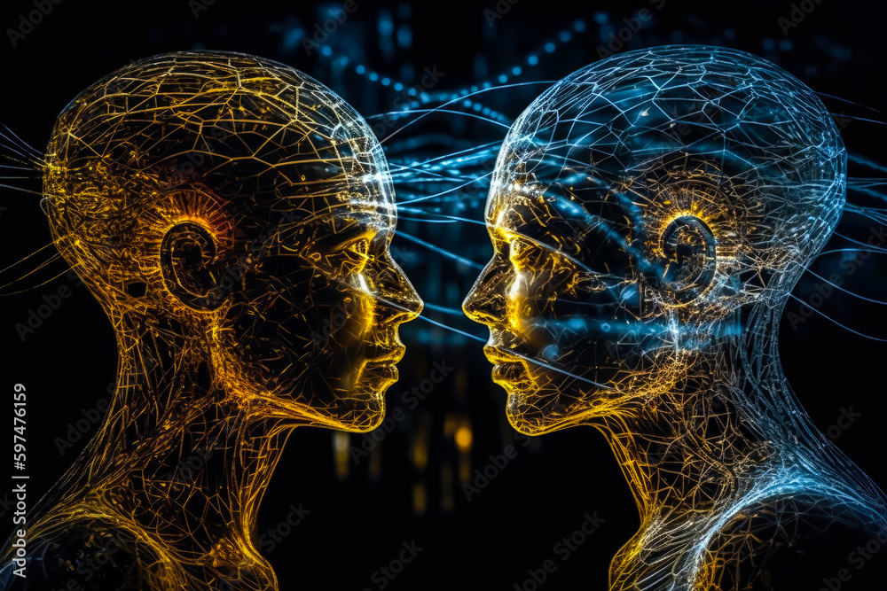 Hive mind and telepathy concept, two luminous humans illustration on dark background, generative ai - obrazy, fototapety, plakaty 
