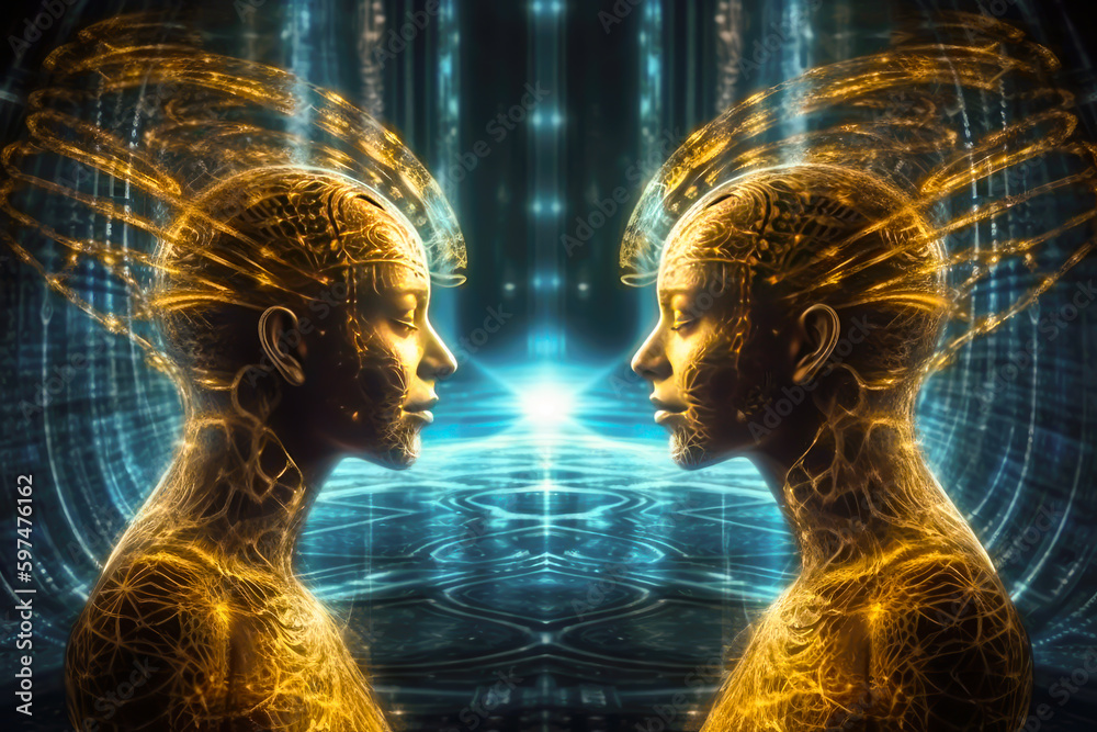 Hive mind and telepathy concept, two luminous humans illustration on dark background, generative ai - obrazy, fototapety, plakaty 