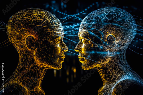 Hive mind and telepathy concept, two luminous humans illustration on dark background, generative ai