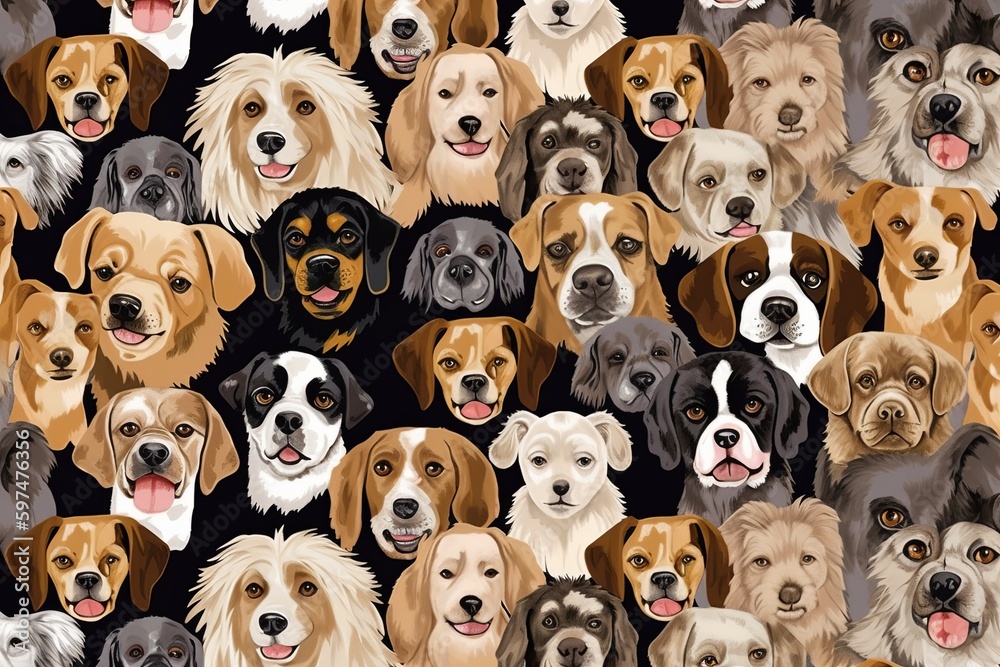 A charming seamless pattern that showcases a multitude of adorable dog faces. The pattern features a variety of breeds, background with dogs, Generative AI A charming seamless pattern that showcases a multitude of adorable dog faces. The pattern features a variety of breeds, background with dogs, Generative AI