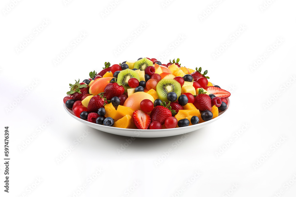 Fruit berry salad on a plate isolated on a white background. Created with Generative AI Technology Fruit berry salad on a plate isolated on a white background. Created with Generative AI Technology