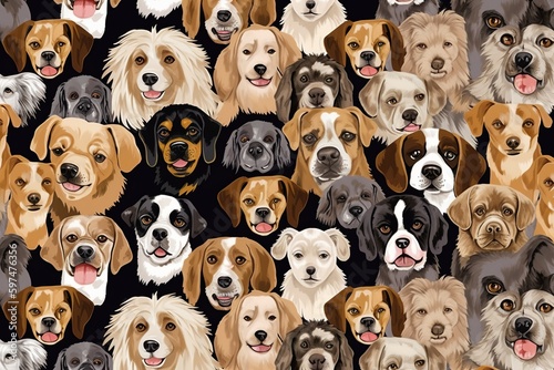 A charming seamless pattern that showcases a multitude of adorable dog faces. The pattern features a variety of breeds, background with dogs, Generative AI