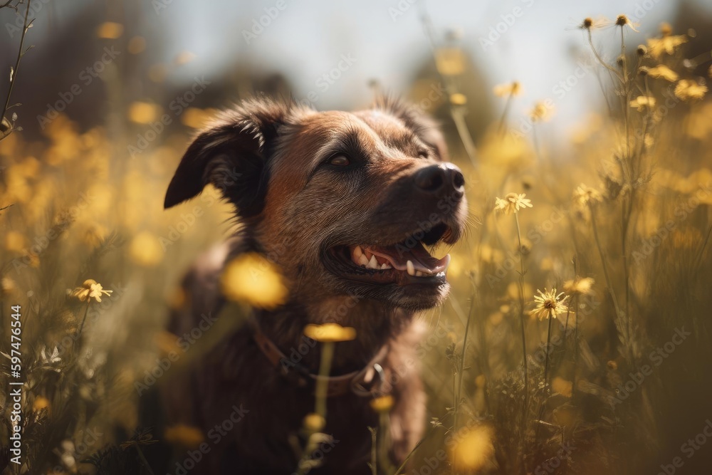 Close up image of a dog in a field of flowers Generative AI