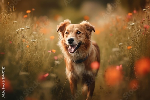 Close up image of a dog in a field of flowers Generative AI © ArquitecAi