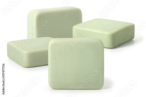 Four pieces of green toilet soap on a white background. Full depth of field. With clipping path