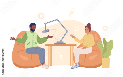 Video podcast 2D vector isolated spot illustration. Live streamers talking on bean bag chairs flat characters on cartoon background. Colorful editable scene for mobile, website, magazine