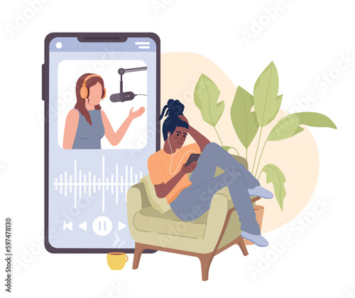Listening to podcast on mobile phone flat concept vector spot illustration. Student watching episode. Editable 2D cartoon character on white for web design. Hobby creative idea for website, mobile app