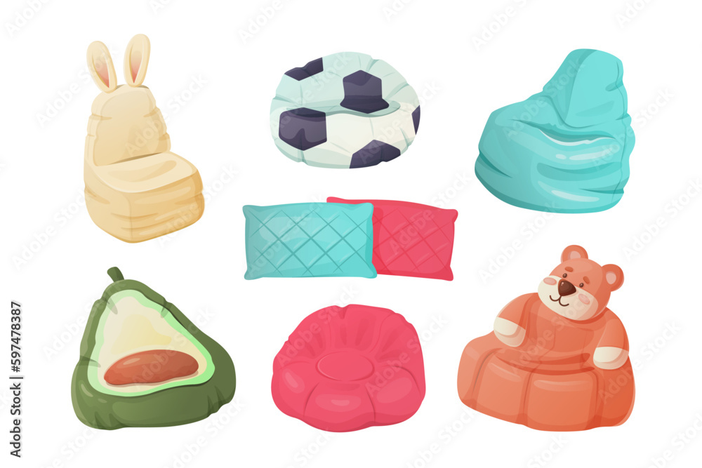 Fototapeta premium Set of colored bean bag chair isolated on white background.