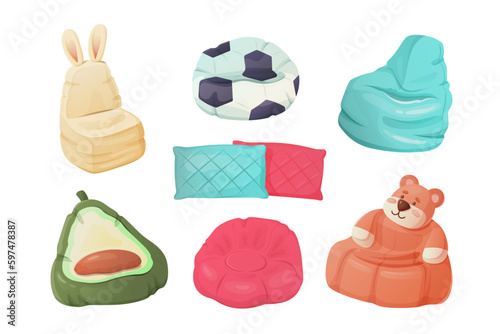 Set of colored bean bag chair isolated on white background.