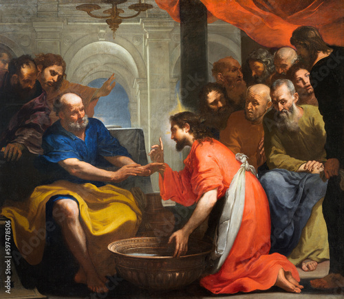 GENOVA, ITALY - MARCH 7, 2023: The painting of Washing feet in the church Chiesa di Francesco da Paola by  Orazio de Ferrari (1606 - 1657). photo