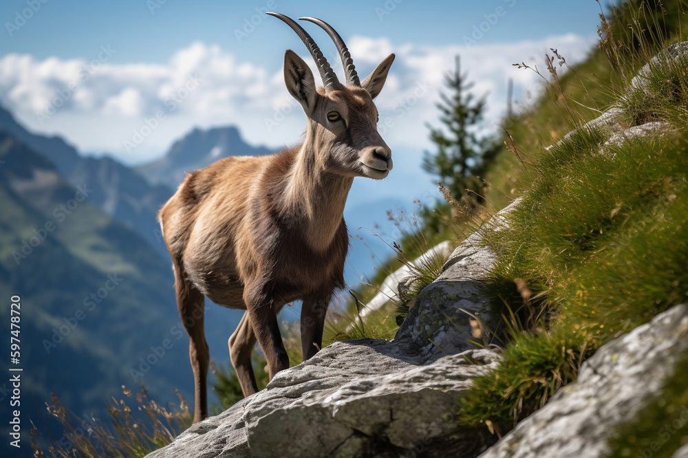 Ibex Ruling the Rocky Cliffs of the European Alps. created with Generative AI