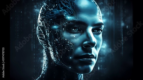 Self-aware artificial intelligence: Closeup of an AI / Android with a female face (Generative AI)